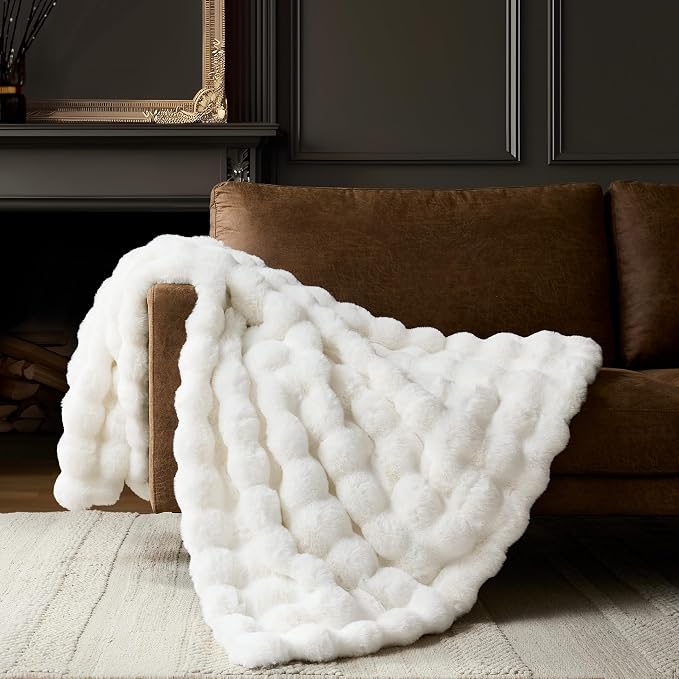 WDCOZY Luxury Ivory Bubble Throw Blanket, Cream White Faux Fur Mink Plush Throw for Couch, Sofa and Bed, Soft Fluffy Fuzzy Furry Cozy Blanket, Thick and Warm, 50x60 inches
