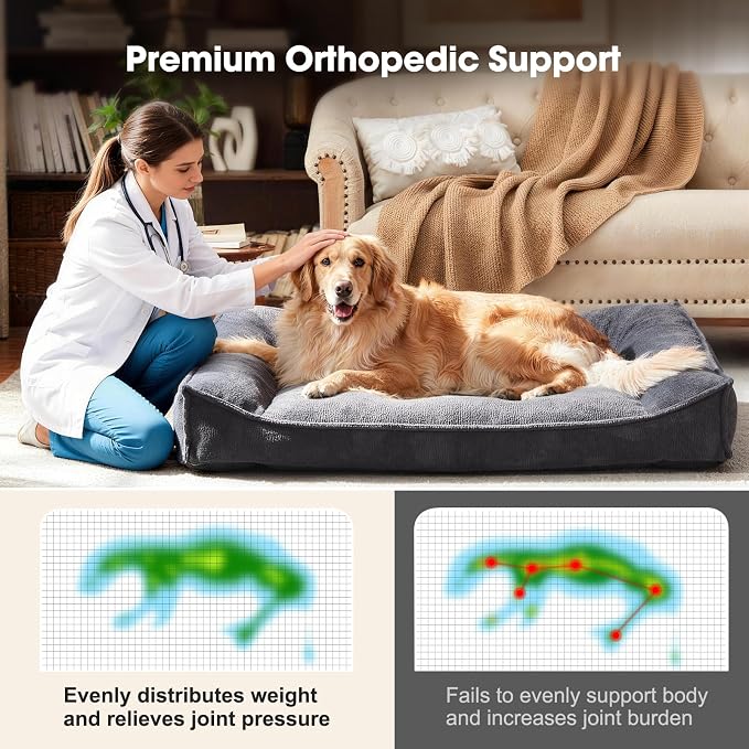 FURTIME XL Orthopedic Dog Bed Large Sized Dog, Extra Washable Dog Couch 42" | Supportive Thick Pet Sofa, Ergonomic Slant Dog Beds with Removable Cover, Ultra Soft Surface & Non-Slip Bottom, Grey