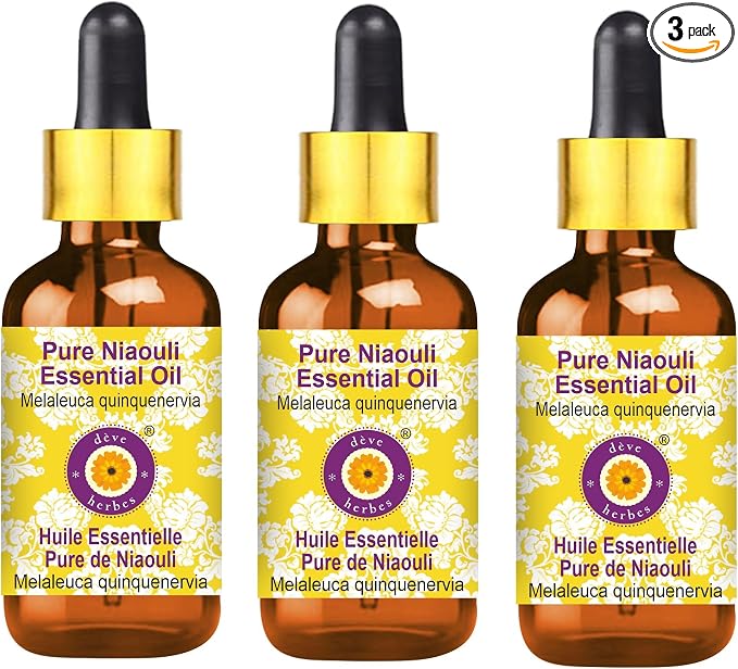 Deve Herbes Pure Niaouli Essential Oil (Melaleuca quinquenervia) with Glass Dropper Steam Distilled (Pack of Three) 100ml X 3 (10 oz)