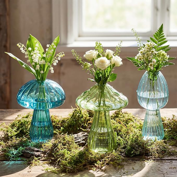 7 Pcs Glass Mushroom Vase Propagation Station with Hydroponic Plant and Artificial Fake Moss 6 Colored Plant Vase Table Centerpiece Decor for Forest Birthday Wedding Party Decoration (Green)