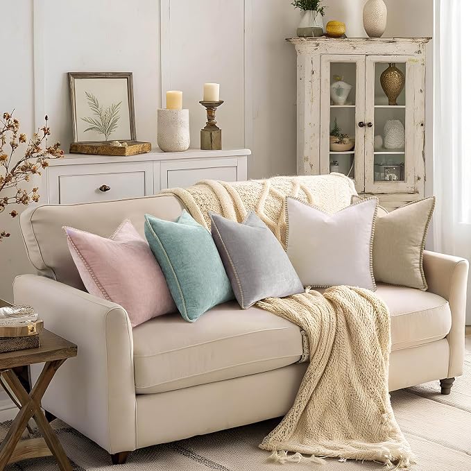 decorUhome Soft Chenille Throw Pillow Covers 16x16 Set of 2 Aqua Haze | Fall Textured Decorative Throw Pillow Cases Stitched Edge Modern Farmhouse Luxury Boho Velvet for Couch Sofa Bed Home Decor