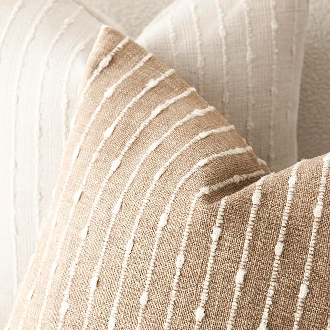 Foindtower Pack of 2 Decorative Jacquard Boucle Throw Pillow Covers Accent Textured Striped Pillowcases Soft Cozy Boho Modern Cushion for Couch Sofa Bedroom Living Room Home Decor 20x20 Inch Camel