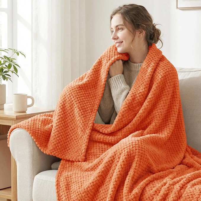 Exclusivo Mezcla Soft Waffle Fleece Bed Blanket King Size, Burnt Orange | Lightweight Plush Blanket for Bed, Bedroom, Cozy Flannel with Waffle Texture, Stylish Home Decor, All Season, 104x90 Inches