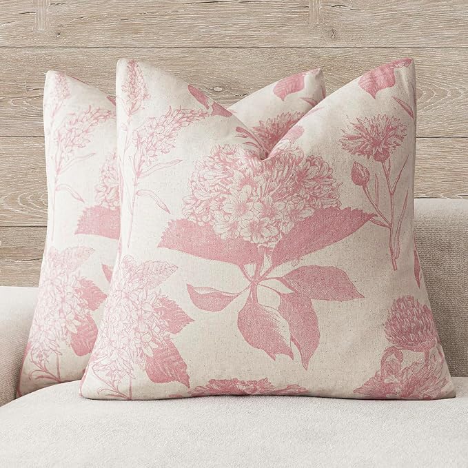 Foindtower Set of 2 Linen Floral Throw Pillow Covers Neutral Vintage Print Decorative Cozy Cushion Covers Farmhouse Boho Home Decor for Sofa Chair Couch Bedroom Living Room,18×18 Inch,Light Pink