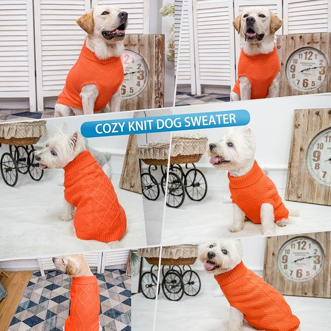 Mihachi Turtleneck Dog Sweater - Winter Coat Apparel Classic Cable Knit Clothes with Leash Hole for Cold Weather, Ideal Gift for Pet in New Year Orange Small