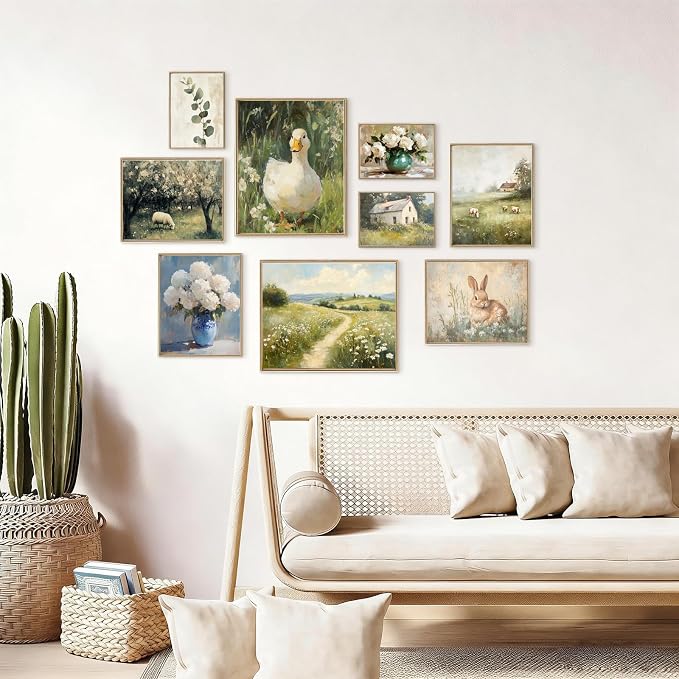 KBKBART 9pcs French Decor For Home - Country French Wall Art Posters, Easter Bunny Goose Pictures,Vintage Art Gallery Wall Prints Landscape Painting For Bedroom Decor(Unframed)