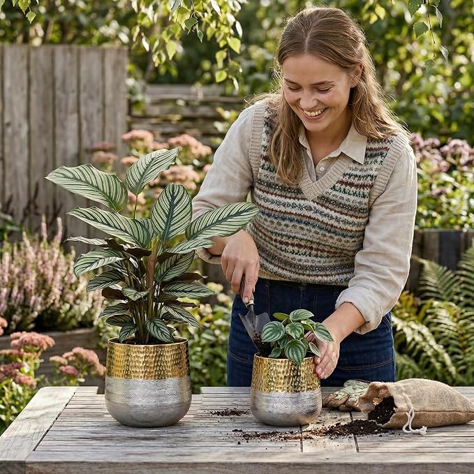 MyGift Hammered Brass and Silver Metal Planters, Handcrafted, 2 Pack | Handcrafted in India, these textured two-tone planters add an elegant metallic accent for indoor plants, flowers, and décor