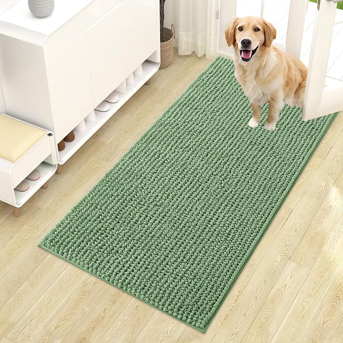 OLANLY Dog Door Mat for Muddy Paws 44x24, Extra Absorbent Chenille Mud Mat | Olive Green, Absorbs Moisture and Dirt, Non-Slip Machine Washable Doormat, Quick-Drying Indoor Entryway Floor Mat for Dogs