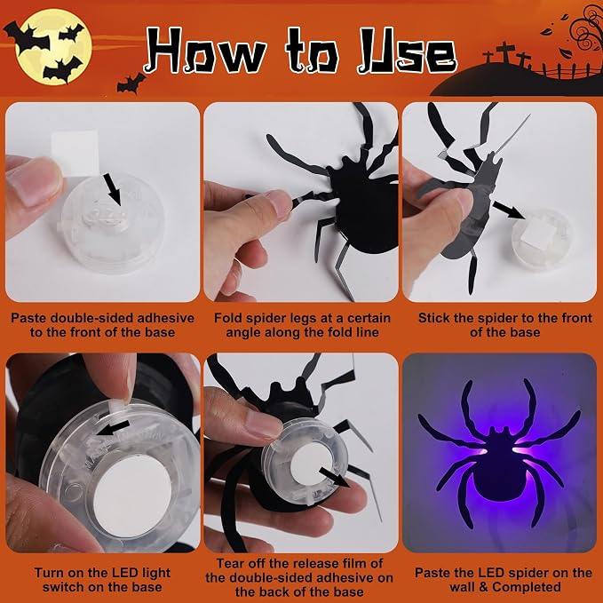 DR.DUDU 36 Pack Halloween Wall Decor Light up Spiders, Purple | 3D Spider Stickers, Removable Wall Decals, Assorted Sizes, PVC, Window Decorations, For Indoor Outdoor Bathroom Home Party