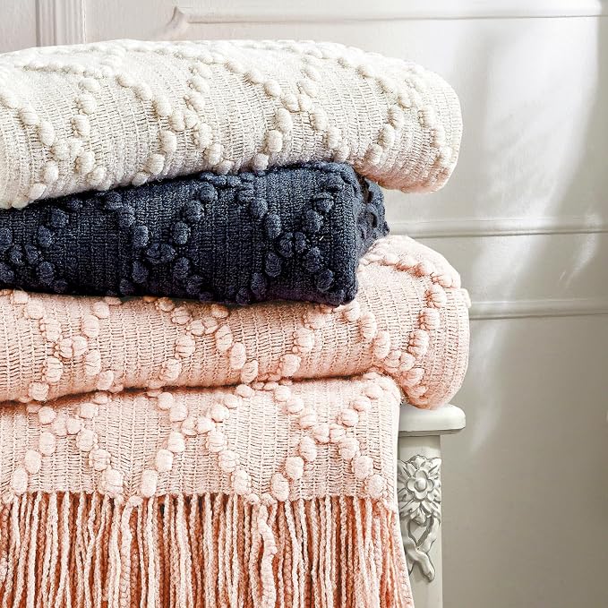 BOURINA Navy Throw Blanket 50 x70 Inch Jacquard Throw Knitted Blanket | Jacquard Argyle Throw Textured Solid Soft Throws and Blankets for Sofa or Bed Knitted Decorative Blanket
