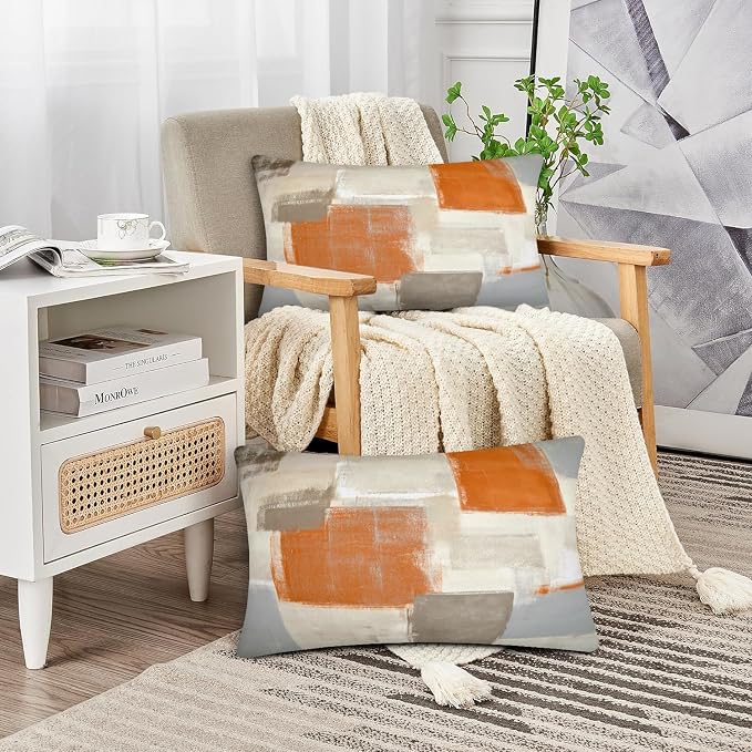 Orange and Grey Abstract Art Artwork Pillow Cover, Gallery Modern Decorative Throw Pillows Cushion Cover for Bedroom Sofa Living Room 12 x 20 Inch Set of 2