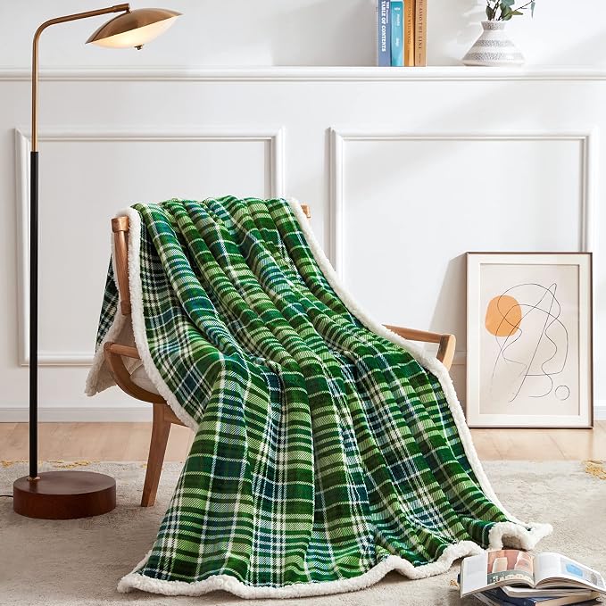 Sherpa Plaid Throw Blanket(60" X 70", Plaid Green), Fuzzy Fluffy Cozy Soft Blanket, Fleece Flannel Plush Twin Size Microfiber Blanket for Couch Bed Sofa