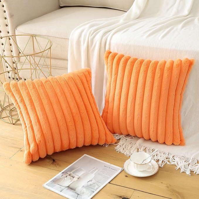 Soleebee Set of 2 Throw Pillow Covers Soft Cozy Velvet Pillowcase Faux Rabbit Fur Cover for Couch Sofa Bed Chair Home Decorative Pillows Cover (16x16 Inch, Orange)