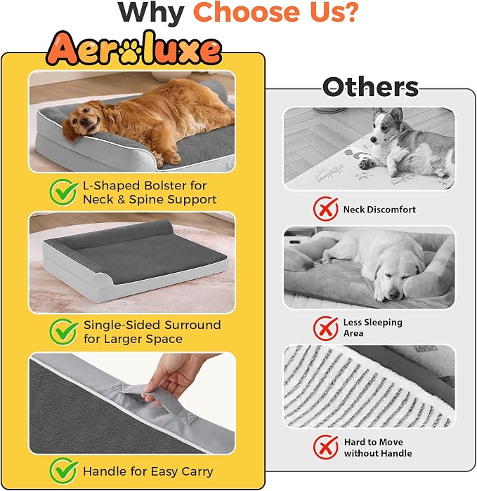 XXL Orthopedic Dog Bed, Extra Large Dogs, 48"x35", Grey Flannel | Waterproof, Washable Cover, L-Shaped Pet Couch, Egg-Crate Foam for Pressure Relief, Portable Handle