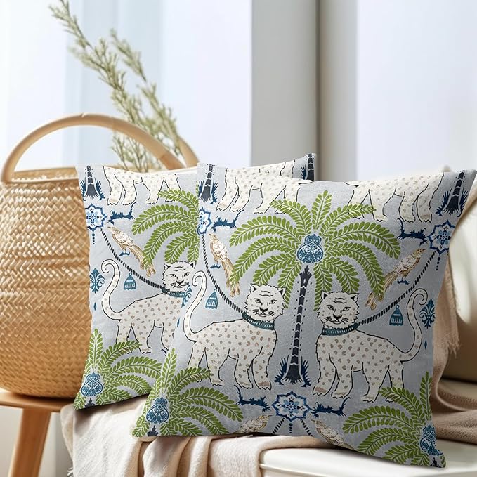 Animal Print Leopard Tropical Tree Pillow Covers 24X24 Inch Set of 2 Vintage Asian Bird Decorative Pillow Cases Green White Grey Cotton Linen Cushion Case Farmhouse Home Decor For Sofa Couch Bed