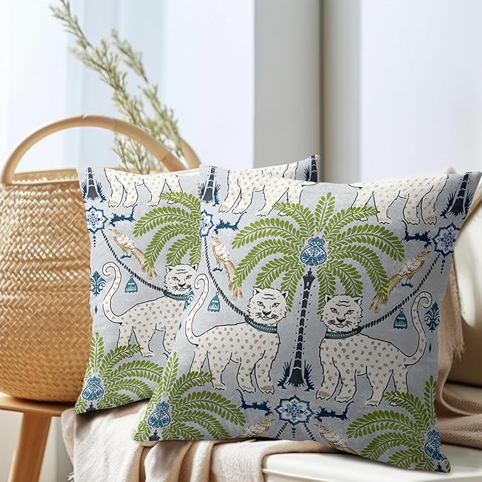 Animal Print Leopard Tropical Tree Pillow Covers 16X16 Inch Set of 2 Vintage Asian Bird Decorative Pillow Cases Green White Grey Cotton Linen Cushion Case Farmhouse Home Decor For Sofa Couch Bed