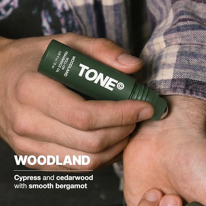 TONE Roll-on Fragrance Oil for Men, Woodland, Fragrance Oil with Notes of Vanilla, Cedar, and Cypress, 0.85 fl oz