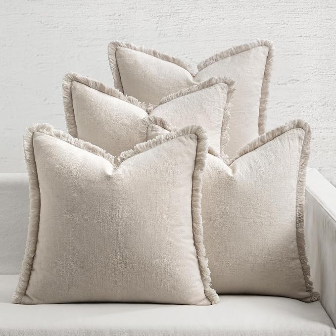 MIULEE Fall Linen Fringe Pillow Covers Set of 4 18x18 Neutral Beige | Boho Farmhouse Decorative Throw Pillow Covers, Neutral Soft Rustic Cushion Cases, for Couch Sofa Bed Living Room Home Decor