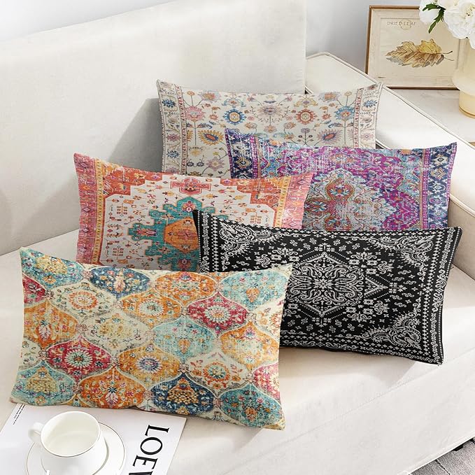 Boho Throw Pillow Covers 12x20 inch Set of 2,Soft Pillowcases Bohemia Carpet Printing Pattern Decorative Sofa Living Room Bed Rectangle Pillow Case Cushion Cover-Blue