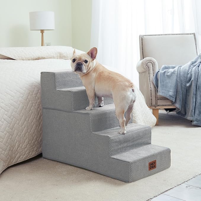 EHEYCIGA Dog Stairs for High Bed 22.5" H, 5-Step Extra Wide Dog Steps for Bed, Pet Steps for Small Dogs and Cats, Non-Slip Balanced Pet Ramp Indoor, Light Grey