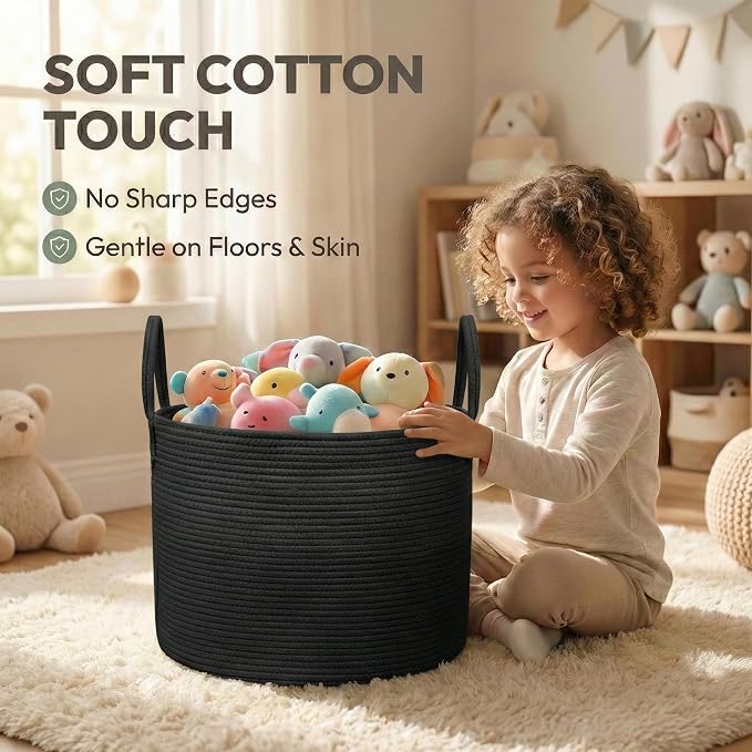 JMvicyroam 115L Extra Large Machine Washable Cotton Rope Blanket Basket | Collapsible laundry hamper, Reinforced handles, For blankets, pillows, toys and clothes, Living room and bedroom, Black