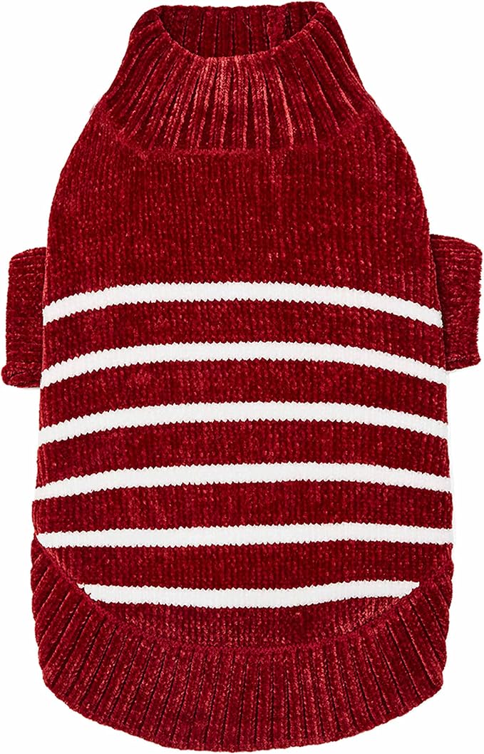 Blueberry Pet Cozy Soft Chenille Classy Striped Dog Sweater in Burgundy Red, Back Length 20", Pack of 1 Clothes for Dogs