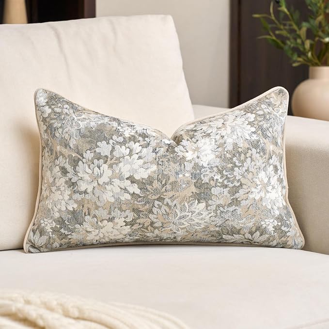 Alerfa Beige Neutral Floral Pillow Cover 12 x 20 Inch, Vintage Chenille Rectangle Couch Pillow Cover Soft Decorative Farmhouse Accent Pillowcase for Living Room Bedroom