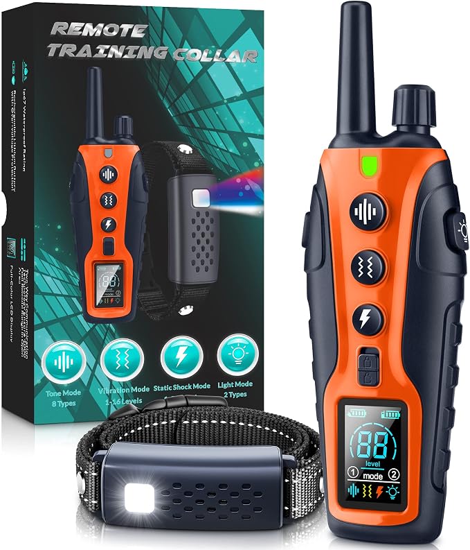 Dog Shock Collar with Flashing Light for Night Walks,4500FT Dog Training Collar Adjustable Pitch Beep(1-8), Vibration(1-16), Safe Shock(1-99), and Keypad Lock, Shock Collar for Dogs