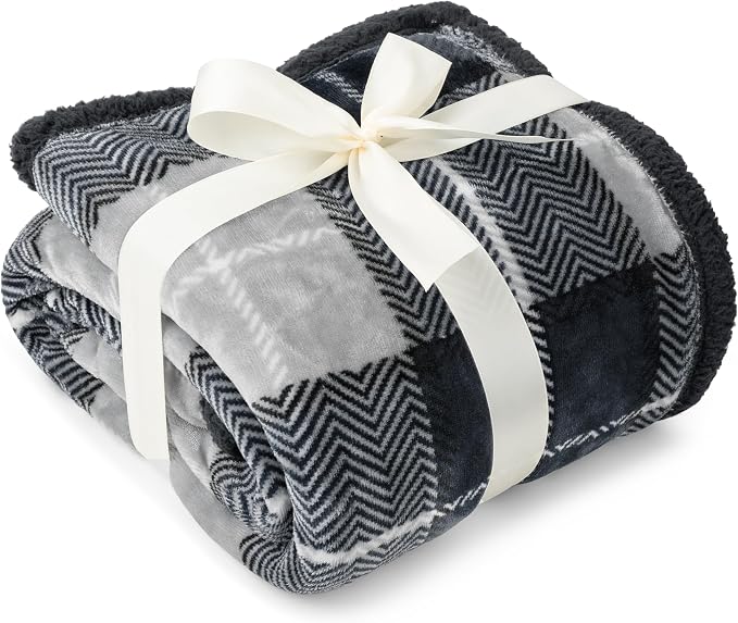 PAVILIA Plaid Sherpa Throw Blanket for Couch Sofa Bed, Dark Grey, 50x60 | GSM 460; Soft Plush Flannel Fleece; Warm&Cozy for Home; Machine Washable, Perfect Cabin Decor Winter Holiday Christmas Gift