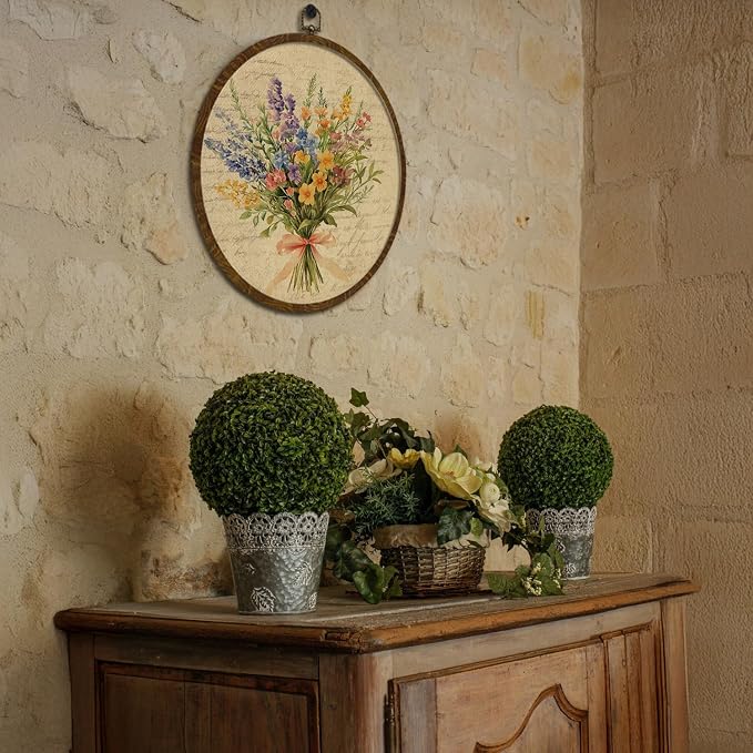 Vintage Floral Round Wall Art Decor,Retro Flower Wall Art Decoration, Watercolor Wildflower Botanical Canvas Print with Frame,Farmhouse Decor for Bedroom Living Room Gallery Space10"x10" (Letter Flowers-01)