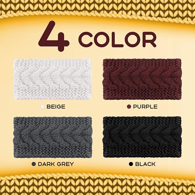 4 Pieces Winter Ear Warmers Headbands Women Warm Knitted Headband Braided Crochet Head Wraps (Black, Fuchsia, Dark Grey, Beige)