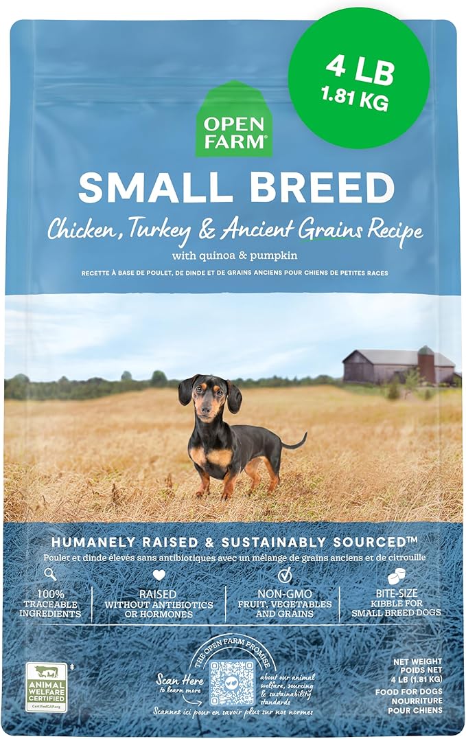 Open Farm Ancient Grains Dry Dog Food, Small Breed Kibble, 4lb Bag | All Life Stages, Small Breed Sizes, Protein-Rich & Nutrient Dense, 100% Traceable Ingredients, Non-GMO Fruits & Veggies.