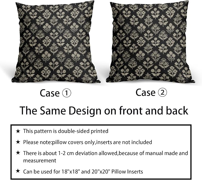 Black Floral Pillow Covers 24x24 Inch Set of 2, Vintage Flower Block Print Decorative Throw Pillowcases Outdoor Farmhouse Cushion Covers Spring Summer Rustic Decoration Sofa Couch Bed Decor