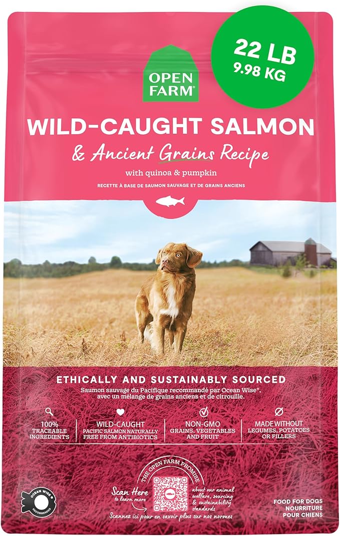 Open Farm Ancient Grains Dry Dog Food, Wild Caught Salmon Kibble, 22lb Bag | All Life Stages, All Breed Sizes, Protein-Rich & Nutrient Dense, 100% Traceable Ingredients, Non-GMO Fruits & Veggies.