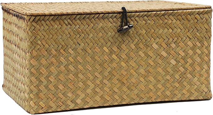 Seagrass Wicker Storage Basket with Lid, X-Large, Natural | Extra Large Box, Shelf Organizer, Rectangular Woven Bin, Multipurpose Home Storage, Natural Decor, 14.3 x 9.4 x 6.9