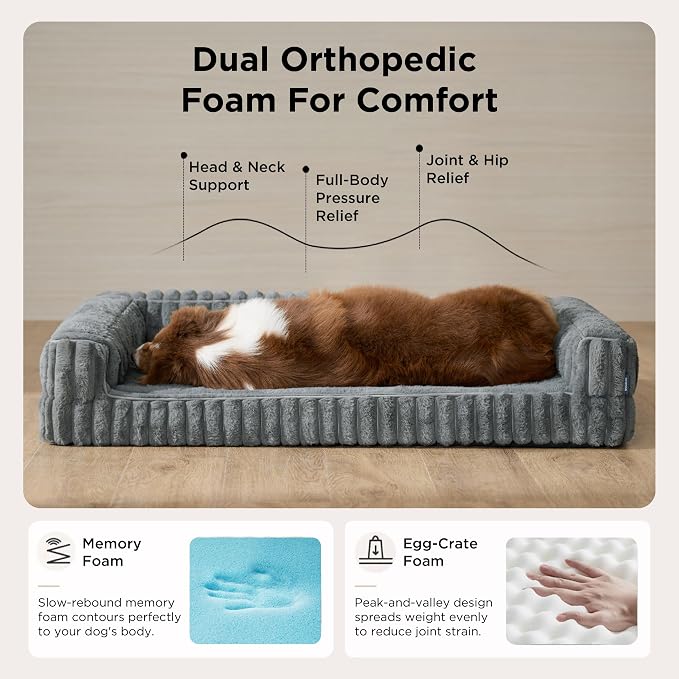 Bedsure ComfyFleece™ Memory Foam Orthopedic XL Plus Dog Bed 45" | Comfort Egg-Crate Foam Pet Couch Sofa,Washable Corduroy Cover,Cozy Bolstor Waterproof Puppy Bed, Non-Slip Bottom,Blue