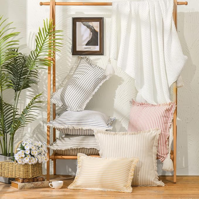 Red Throw Pillow Covers 22x22 Set of 2 Striped Pillow Covers with Fringe Chic Cotton Decorative Pillows Square Cushion Covers for Sofa Couch Bed Living Room Farmhouse Decor