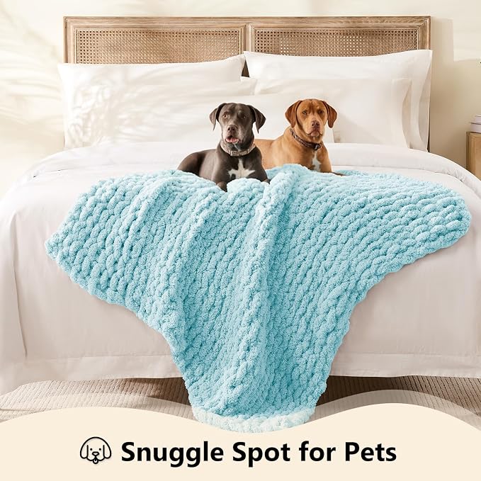 L'AGRATY Chunky Knit Throw Blanket for Couch, 30 x 40 Inches, Light Blue | Handmade Chenille Crochet Blanket for Sofa Bed, Thick Cable Knitted Blankets for Room Home Decor, Birthday Gift for Women Mom