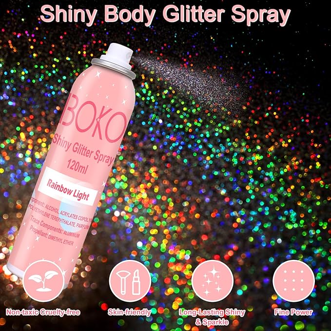Boko Body Glitter Spray, 120ML Holographic Silver Shiny Glitter Spray for Body Hair Clothes, Quick-Drying and Long-Lasting Body Shiny Glitter Hairspray for Festival Party Concert Rave Accessories