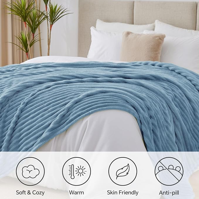 BEDELITE Ribbed King Size Blanket for Bed, Blue, 108"x90" | Ultra-Soft Plush Fleece, Warm Yet Lightweight, Ribbed Texture, Home Decor, Machine Washable, Giftable, All-Season Use