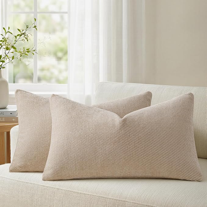 a moment Pack of 2 Decorative Chenille Throw Pillow Covers with Twill Cushion Covers for Sofa Living Room Couch Bed 12x20 Inch Beige