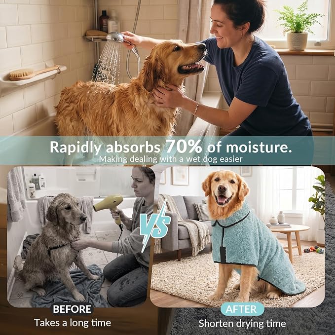 Dog Bathrobe, Super Absorbent for Small to Large Dogs, Light Green XL | Dog Robes with Soft Fleece, Warm & Cozy, Adjustable Fit, and Quick Drying Coat for Baths Swimming and Grooming