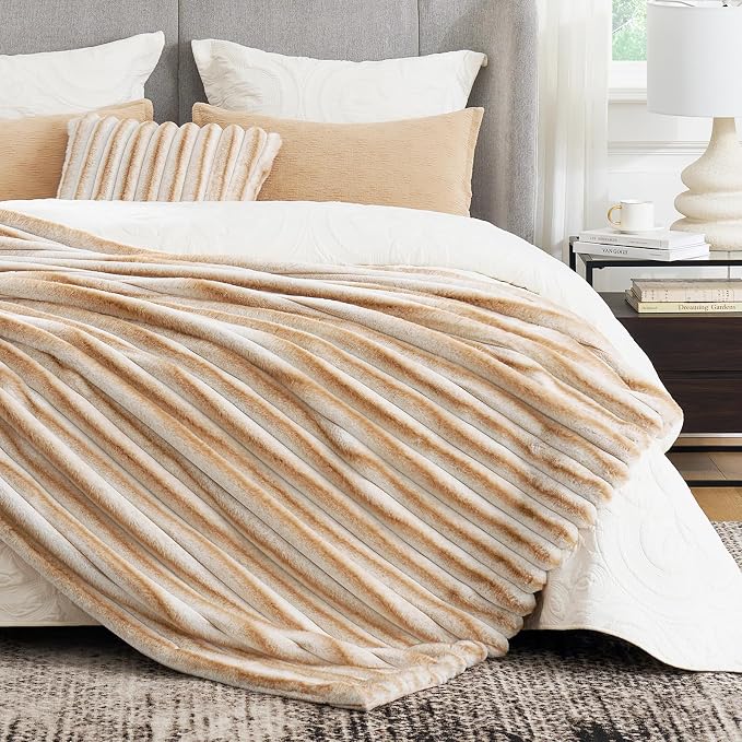 Cozy Bliss Faux Fur Throw Blanket for Couch, Cozy Warm Plush Striped Blanket for Sofa Bedroom Living Room,50 * 60 Inches Khaki