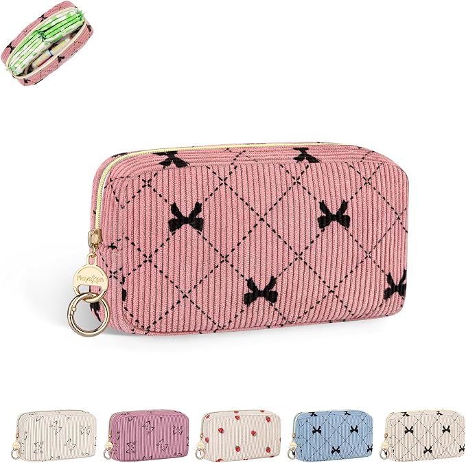 Corduroy Tampon Holder for Purse, Cute Period Bag with Ring Buckle, Portable Tampon Bag Organizer Case for Feminine Products (Bow-Pink)