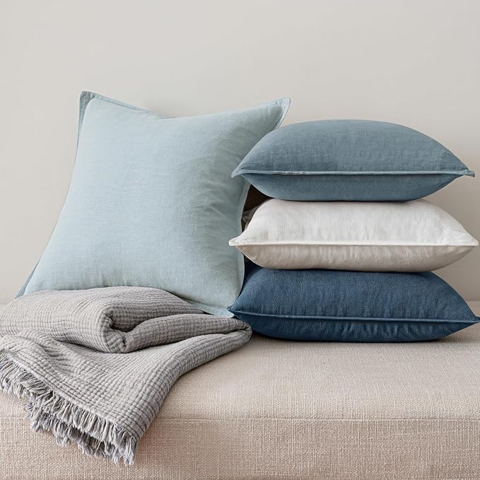 MIULEE Blue Boho Linen Decorative Pillow Covers 20x20 Inch Pack of 4 | Natural Throw Pillow Covers, Soft Farmhouse Couch Pillowcases, Modern Home Coastal Decor for Living Room Bed Sofa
