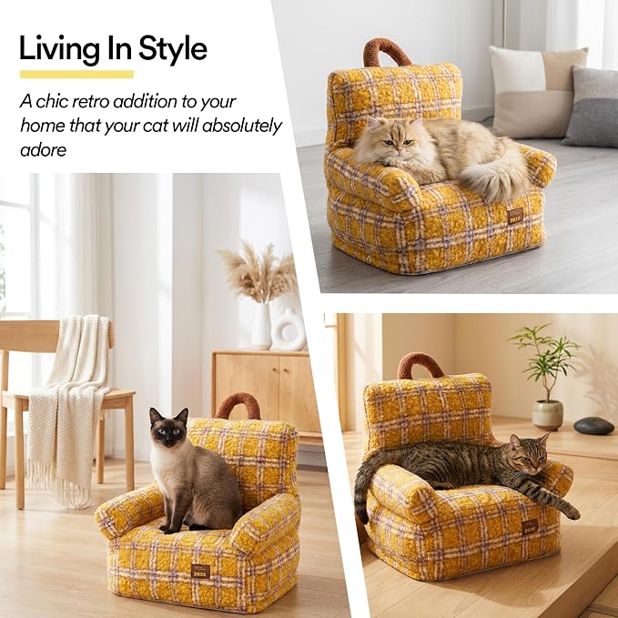 ZEZE Vintage Furniture Style Sofa Pet Bed - Washable Plush Dog & Cat Couch, Retro Style Pet Furniture, Soft Cozy Support for Pets (Small, Plaid)