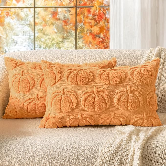 MIULEE Fall Pillow Covers Pumpkin Fall Decor Lumbar 12x20 Pumpkin | Set of 2 Fall Decorations for Home, Plush Faux Fur Farmhouse Accent Pillowcases, Porch Sofa Couch Cushion Bed Livingroom