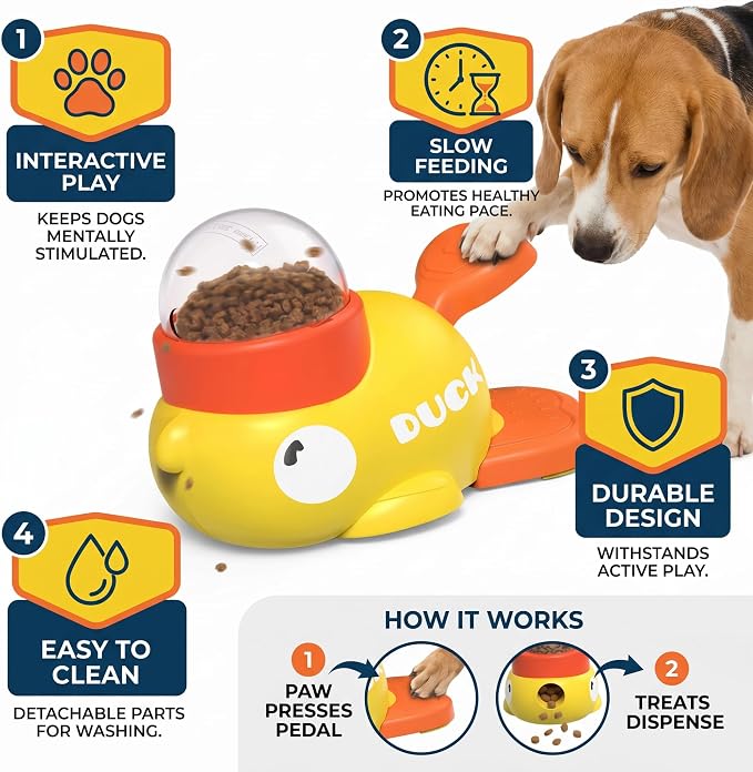 Interactive Dog Treat Dispenser Toy – Duck-Shaped Puzzle Feeder with Portion Control, Clear Dome & Airtight Lid for Small Medium Large Dogs – Slow Feeder Kibble Launcher – Yellow/Orange