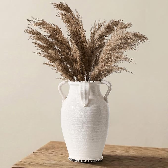 Vaseking White Ceramic Vase with 4 Handles, 10.16" Tall Retro Ice Cracked Flower Vase, Antique Vases for Modern Farmhouse Home Decor, Wedding, Living Room, Table, Shelf Decor, Cracked White
