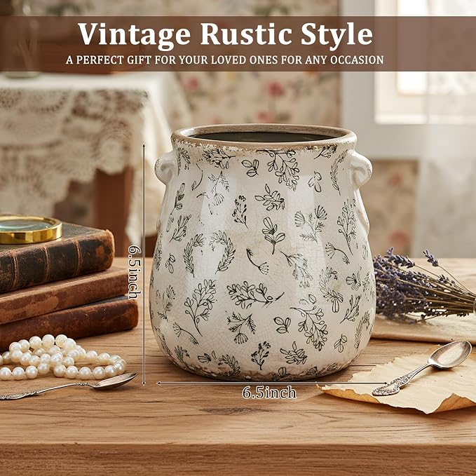 Ceramic Scroll Planter 6.5 Inch Chinoiserie Floral Vase with Drainage Holes Vintage Flower Vase Flower Pot Rustic Ceramic Pots for Indoor Plants Garden Home Bookshelf Decor(Leaves)